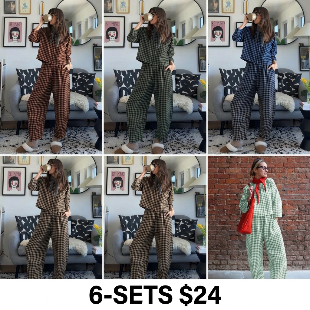 Women's Casual Woven Fabric Plaid Checkered Print Co-ord Set for Fall, Loose Fit Long Sleeve Top & Elastic Waist Wide Leg Pants Two-Piece Set