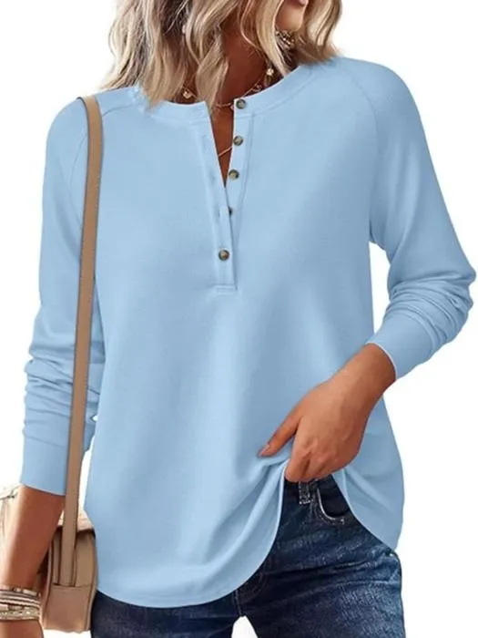 Women's Button Up Waffle Top Long Sleeve Knit Shirts Fall Casual Henley V Neck Tunic Tops