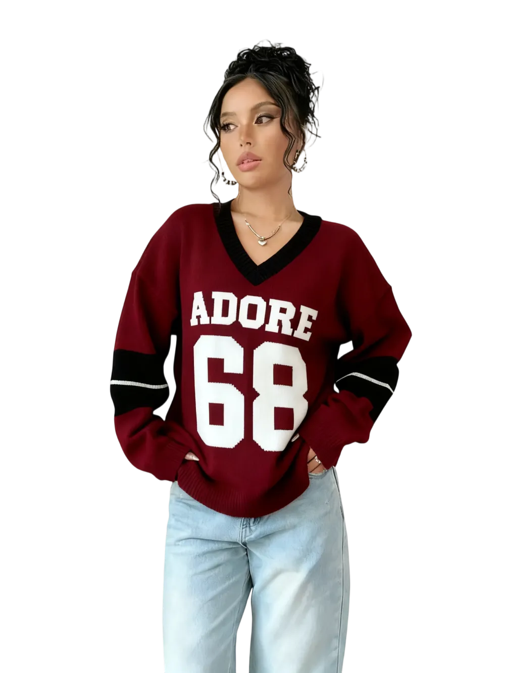 Autumn Winter Color Block V Neck Sweater for Women