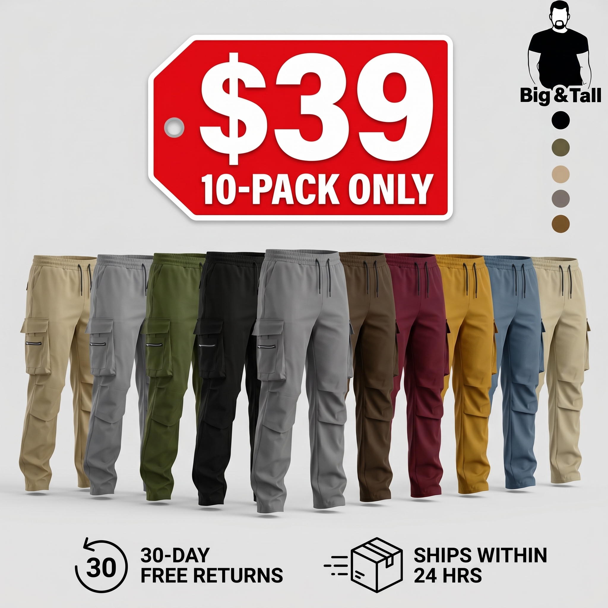Men's Plus-Size Solid-Color Drawstring Cargo Pants
