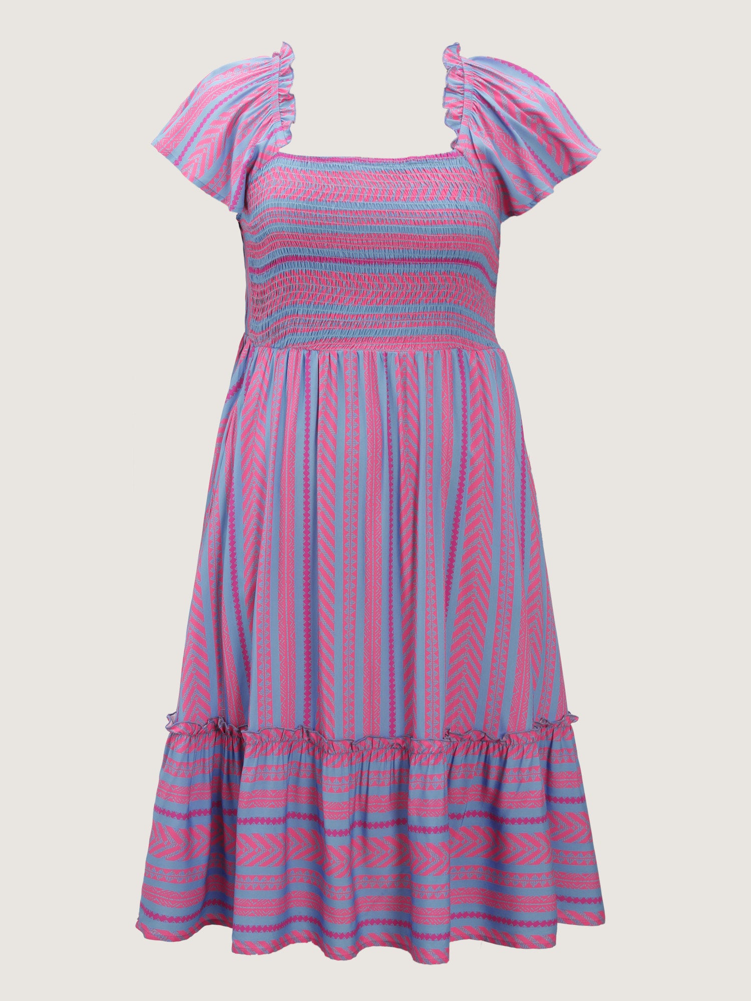 Colorful Stripes Shirred Bodice Ruffled Midi Dress