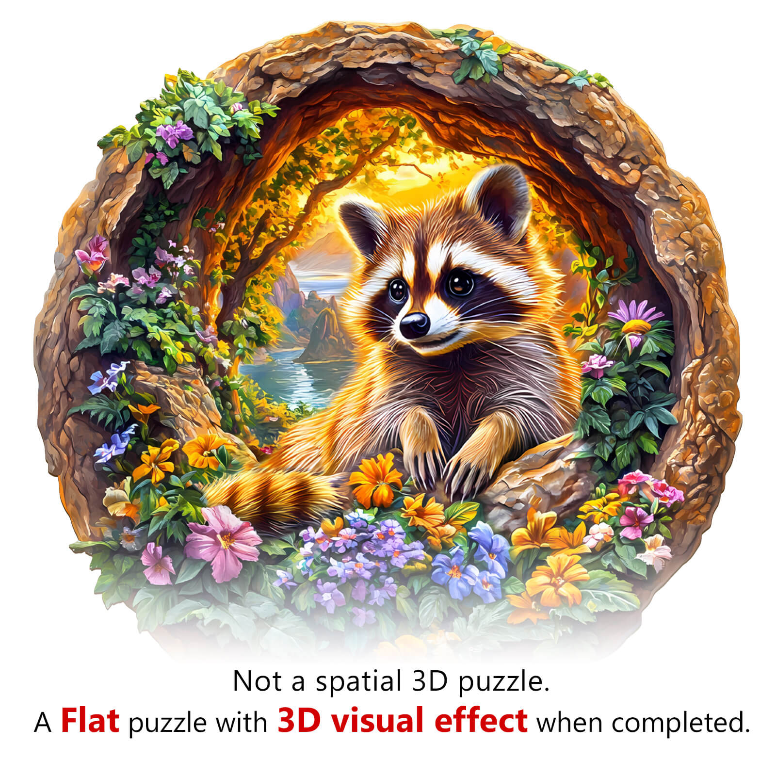 3D Raccoon on Vacation Wooden Jigsaw Puzzle