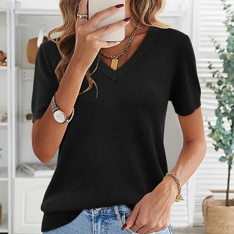 Womens Wool Blend Sweater Soft V Neck Short Sleeve Spring Fashion Pullover Tops