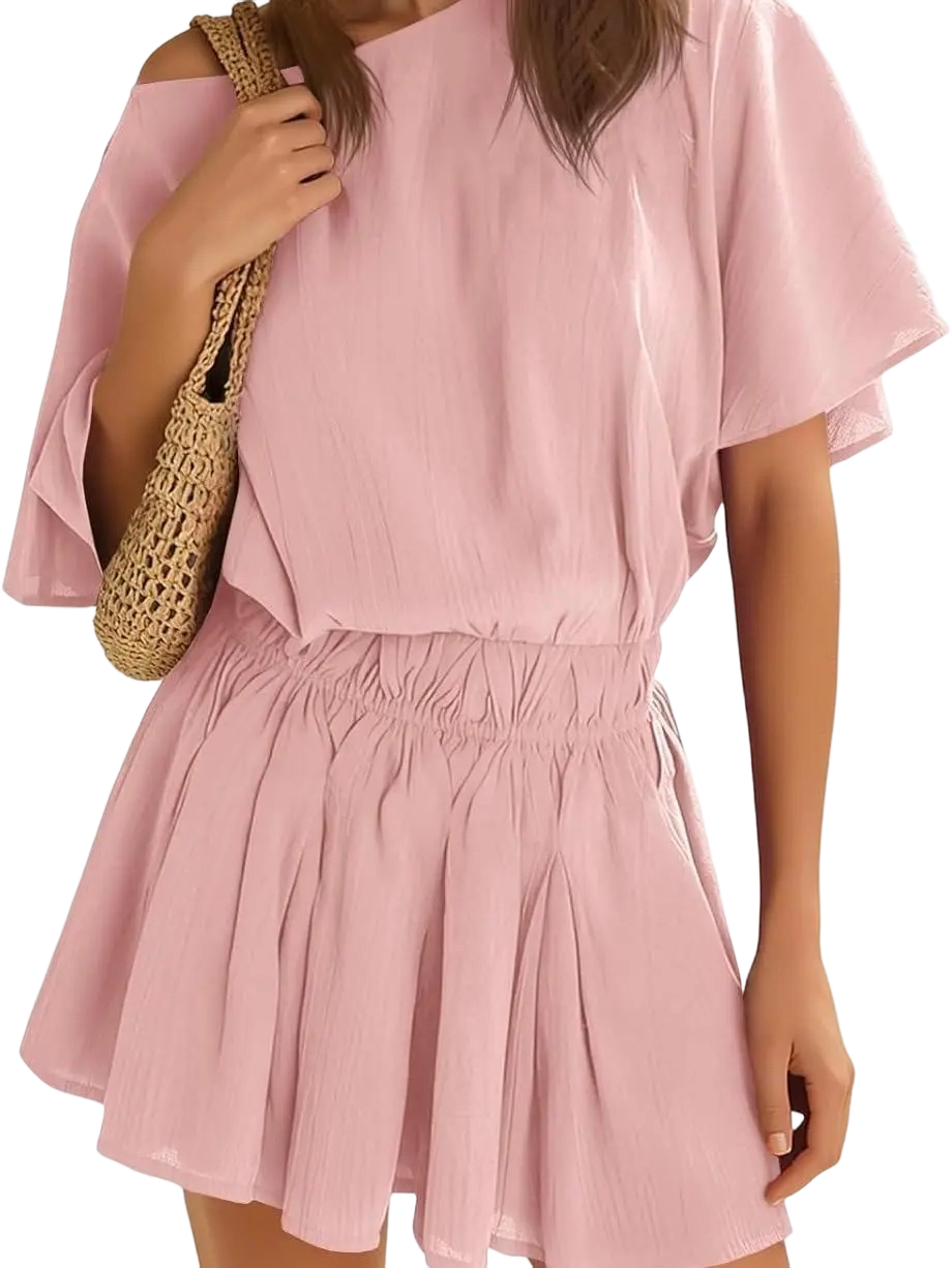 Women’s Casual 2 Piece Outfit Short Sleeve Loose Top and Flowy Mini Skirt Set