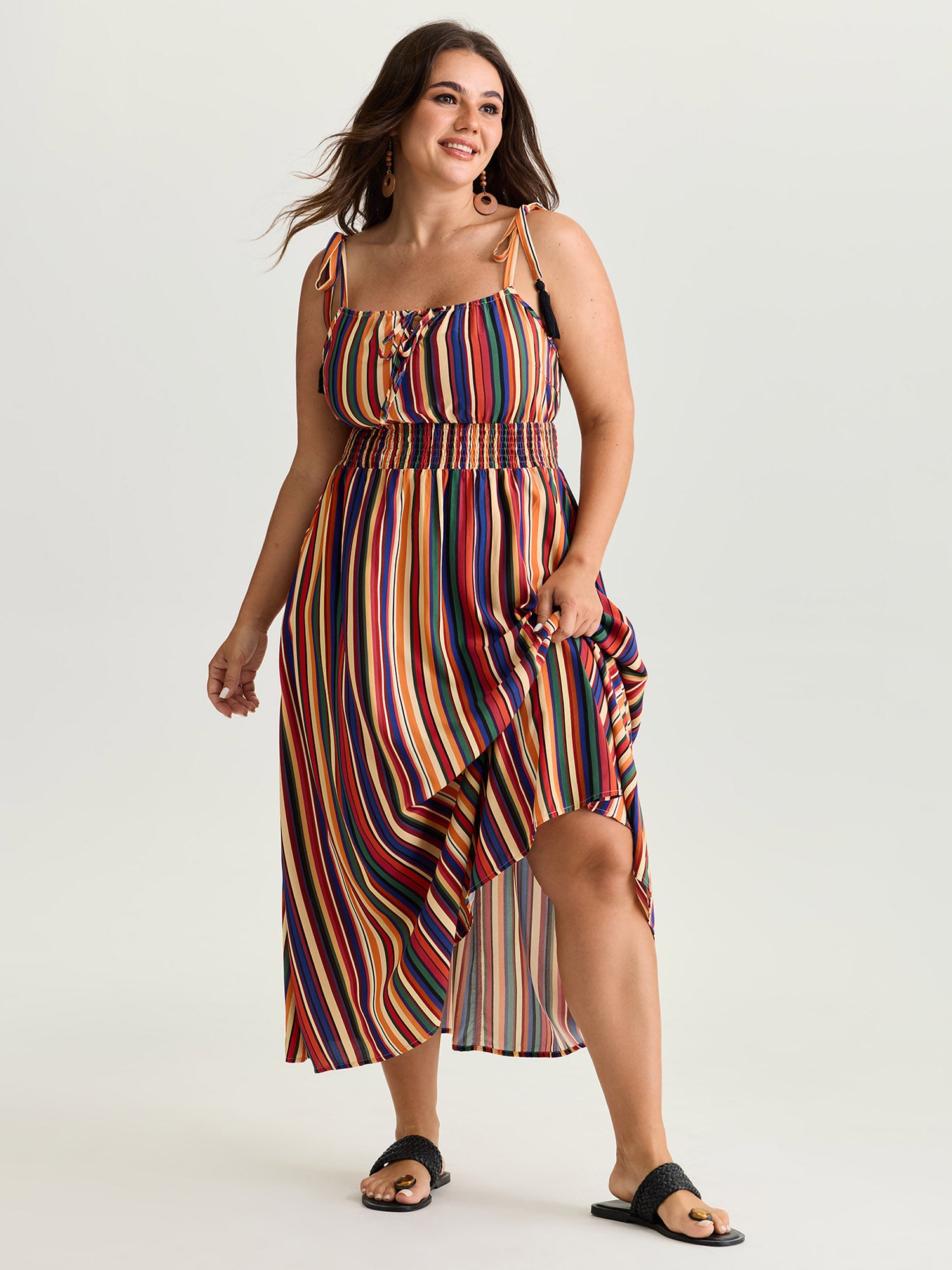 Colorful Stripe Shirred Waist Shoulder Tie Maxi Dress