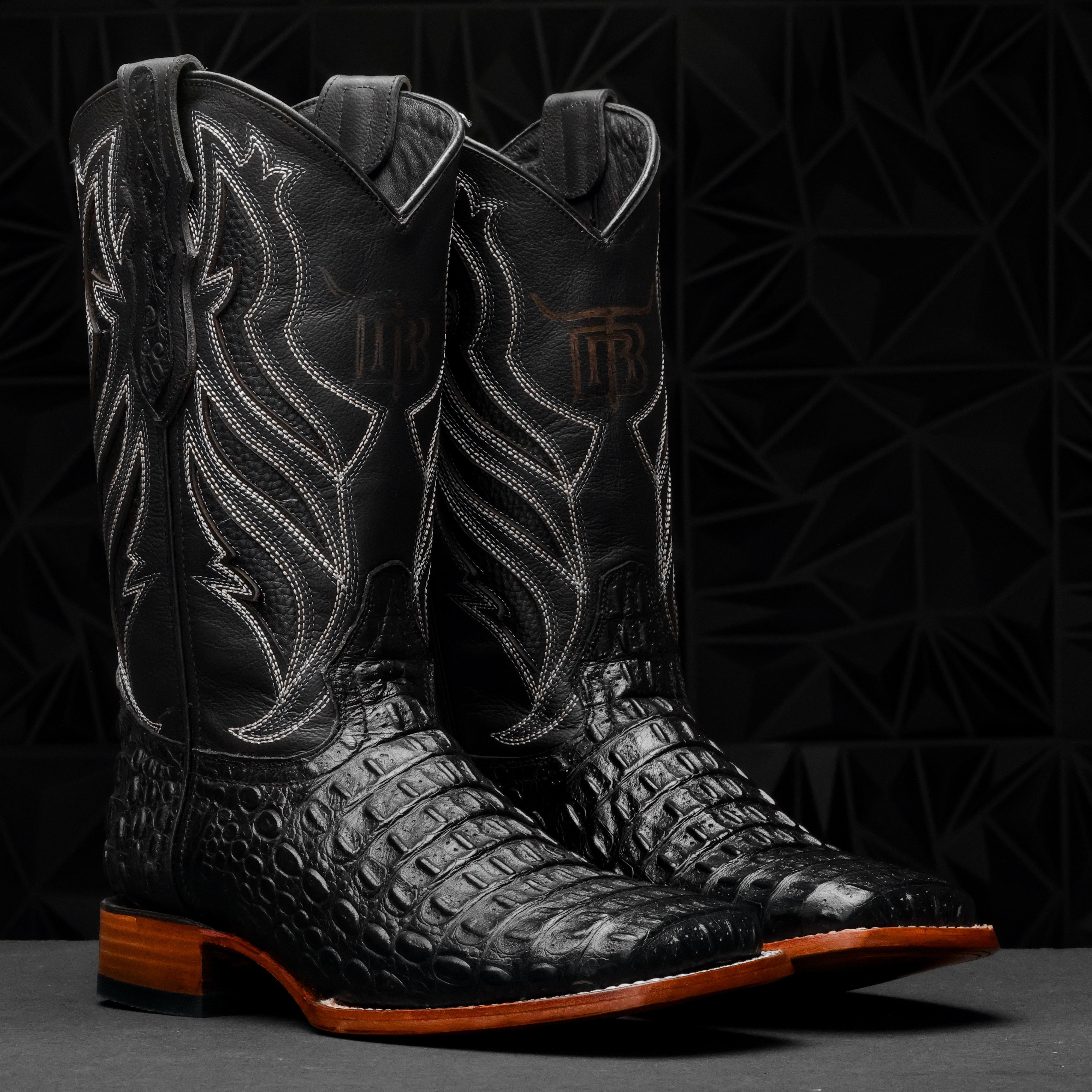 Black Caiman Hornback Leather Boots - Square Toe