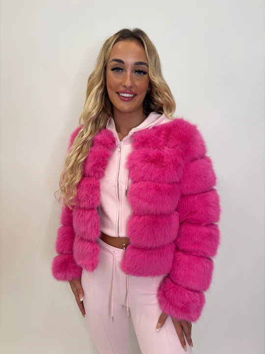 Faux Fur Cropped Collarless -Tiered Panel Winter Fluffy Soft Bubble Chunky Thick Coat Jacket Comfort Womenswear