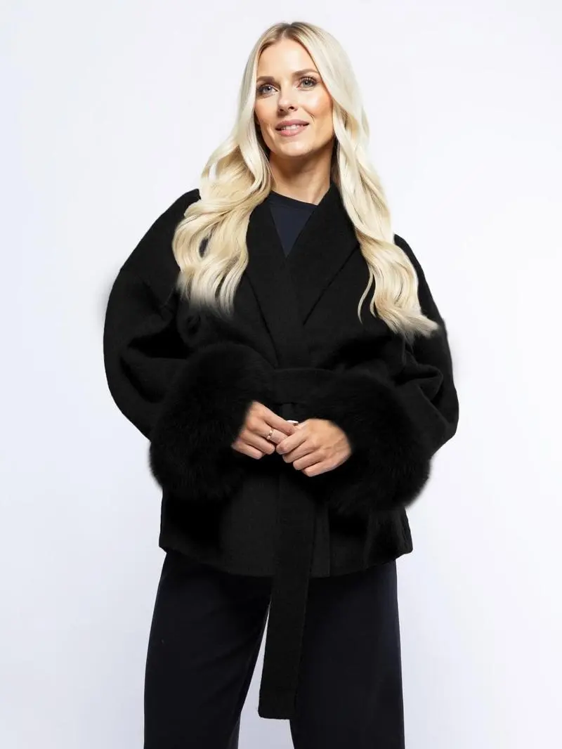 Women's Elegant Solid Color Waist Tie Plush Long Sleeve Thermal Wrap Coat