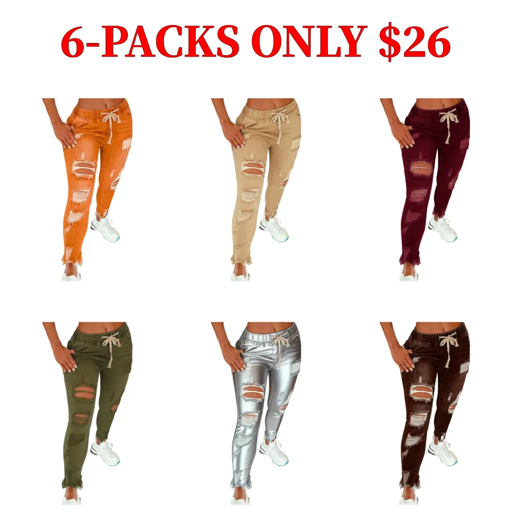 [Plus Size Women's Clothing] Solid Color Distressed Jeans