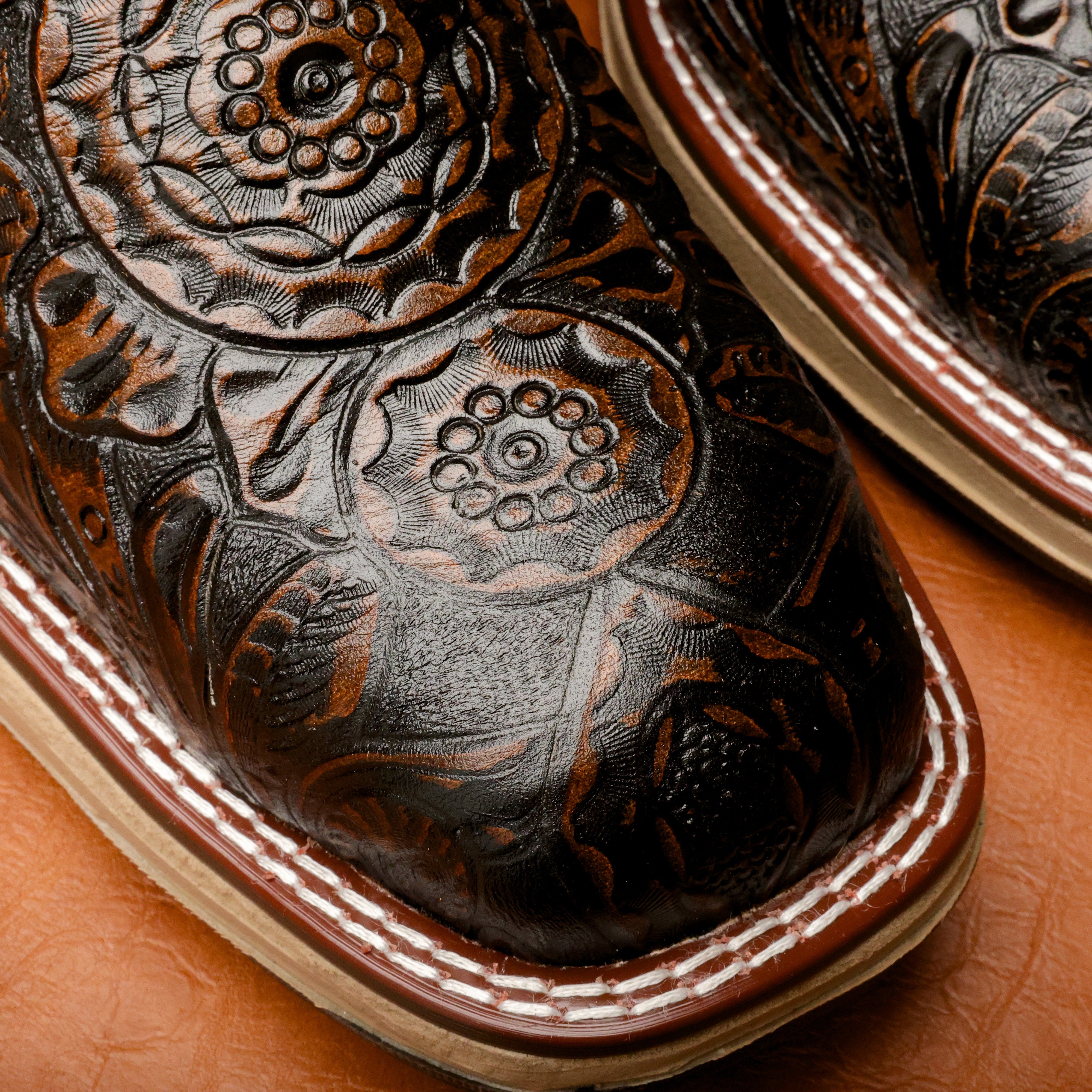 Rustic Brown Hand-Tooled Leather Boots With 3D Lightweight Sole - Composite Toe