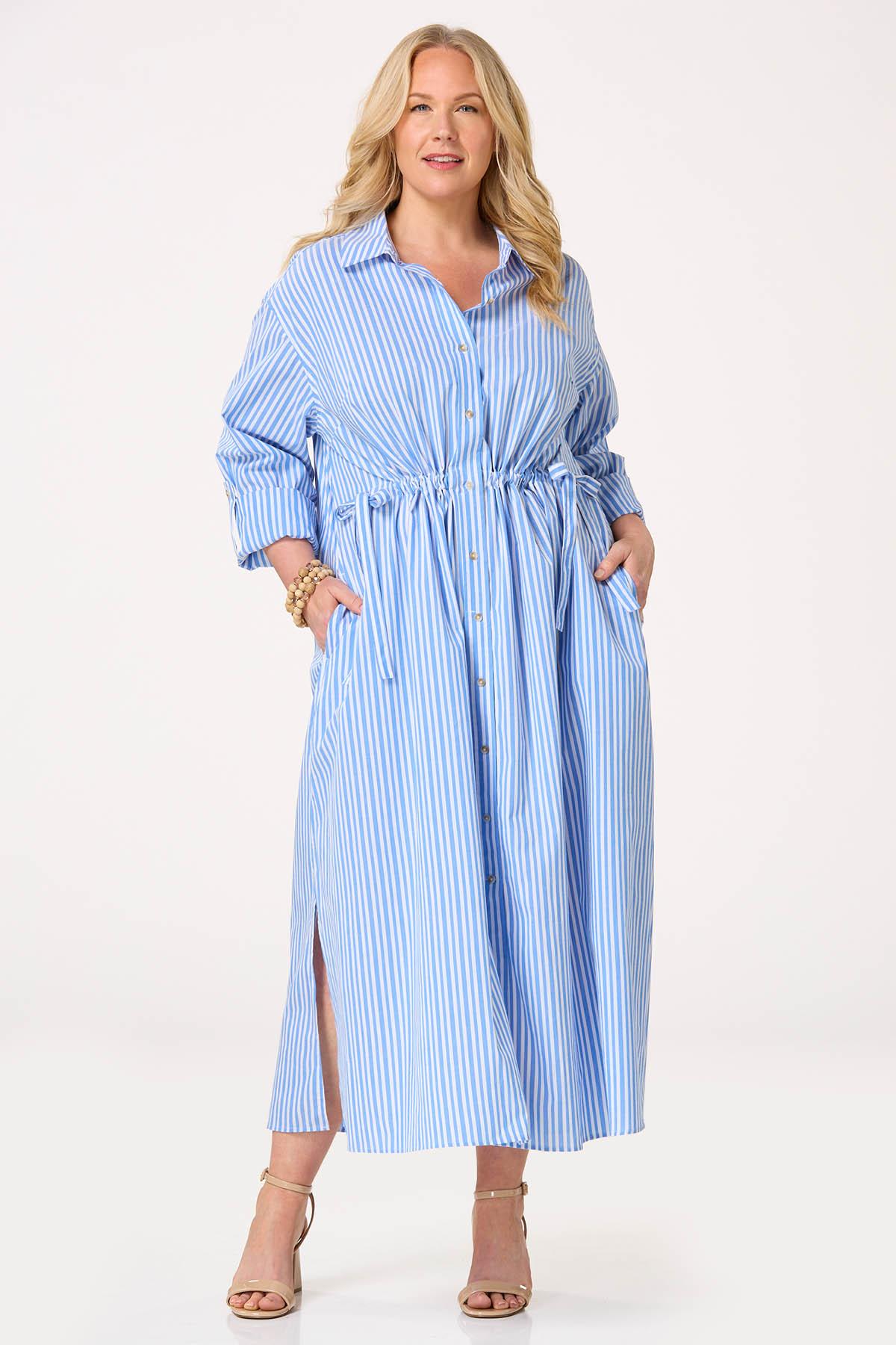 Plus Size Tie Waist Striped Shirt Dress