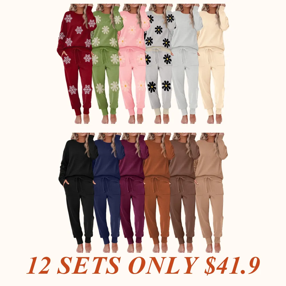Women's Long Sleeve Knit Loungewear Set Jogger Pants Outfit