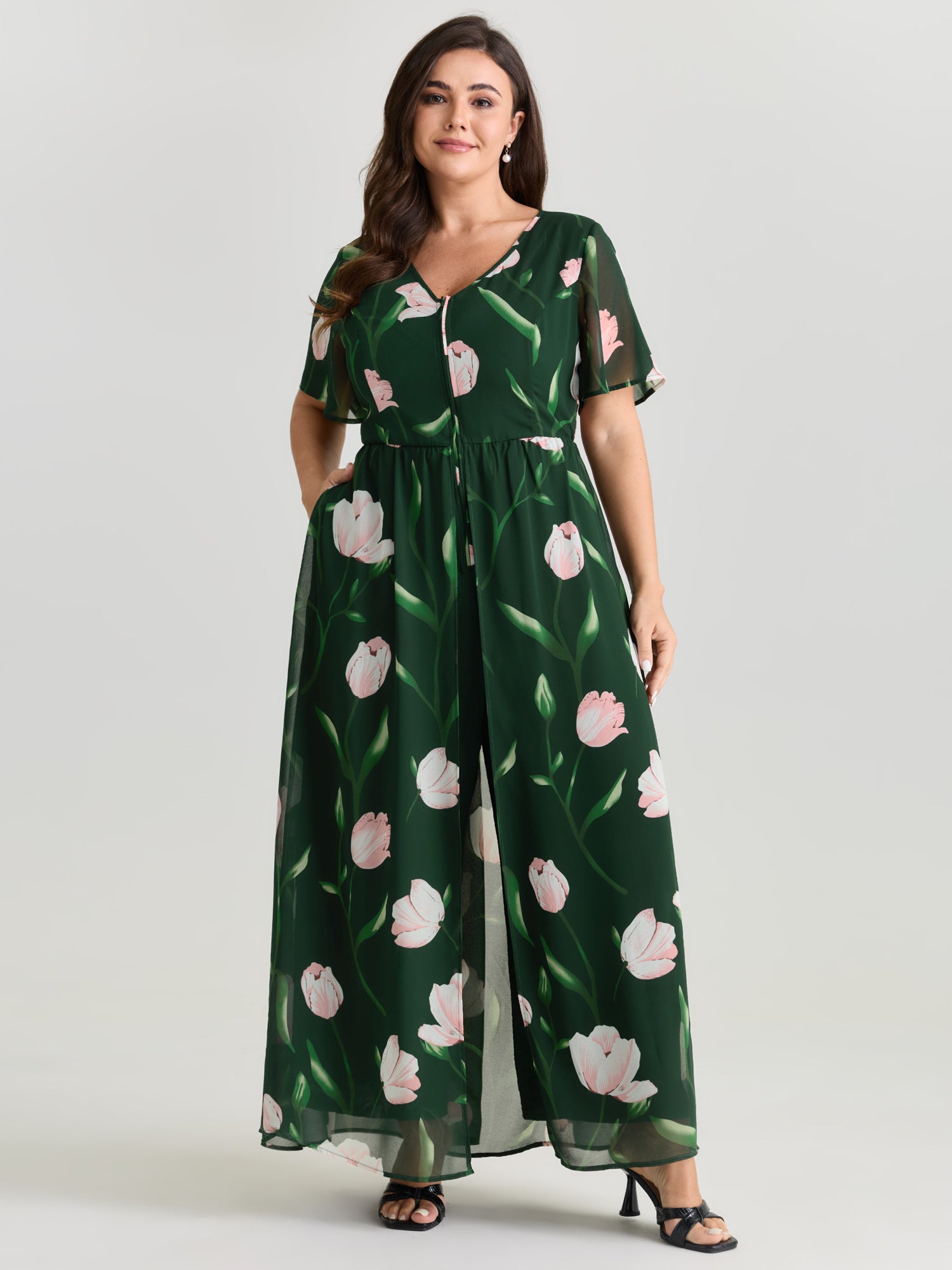 Hidden Zipper Floral Layered Pockets Jumpsuit