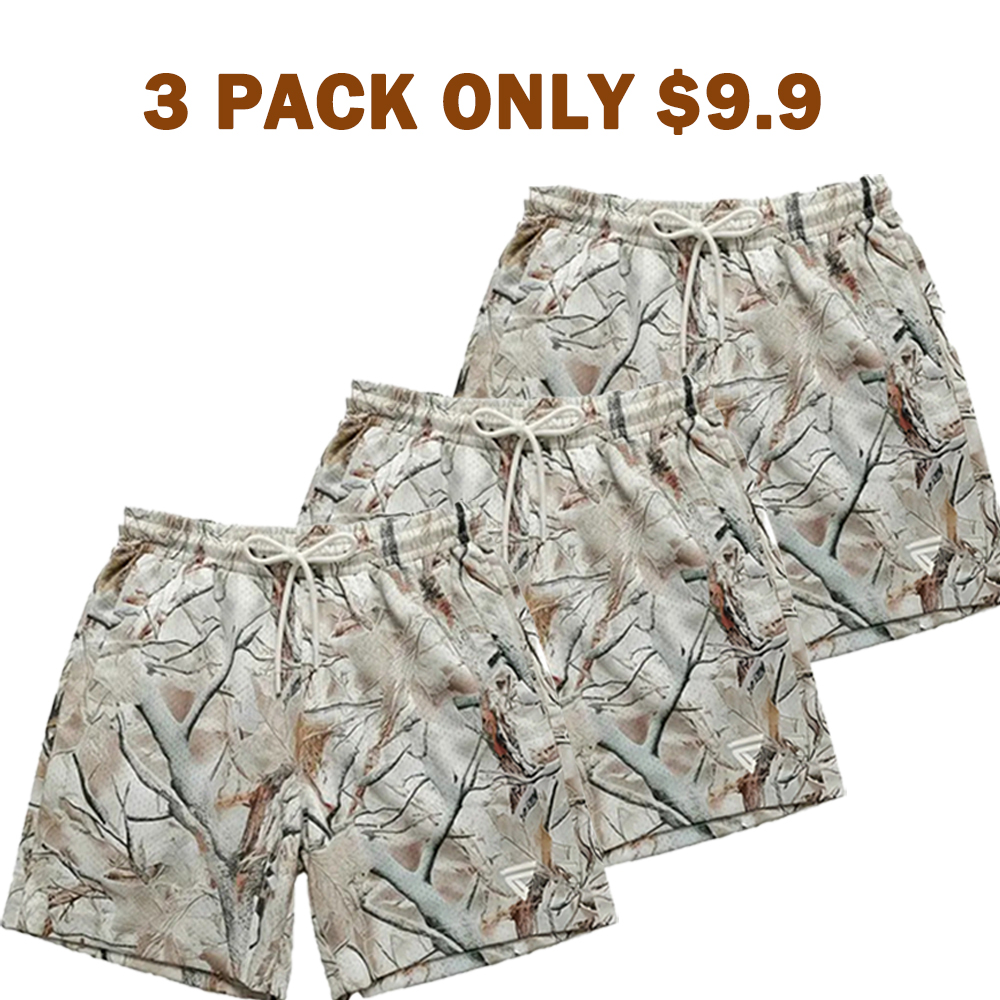 Men’s Hunting Camo Double-Layer Shorts – Breathable Gym/Running Shorts with Zip Side Pockets & Back Pocket