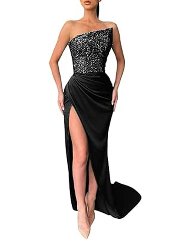 Shiny Sequinned Off-The-Shoulder Sleeveless Asymmetric Split-Side Wrap Evening Maxi Dresses