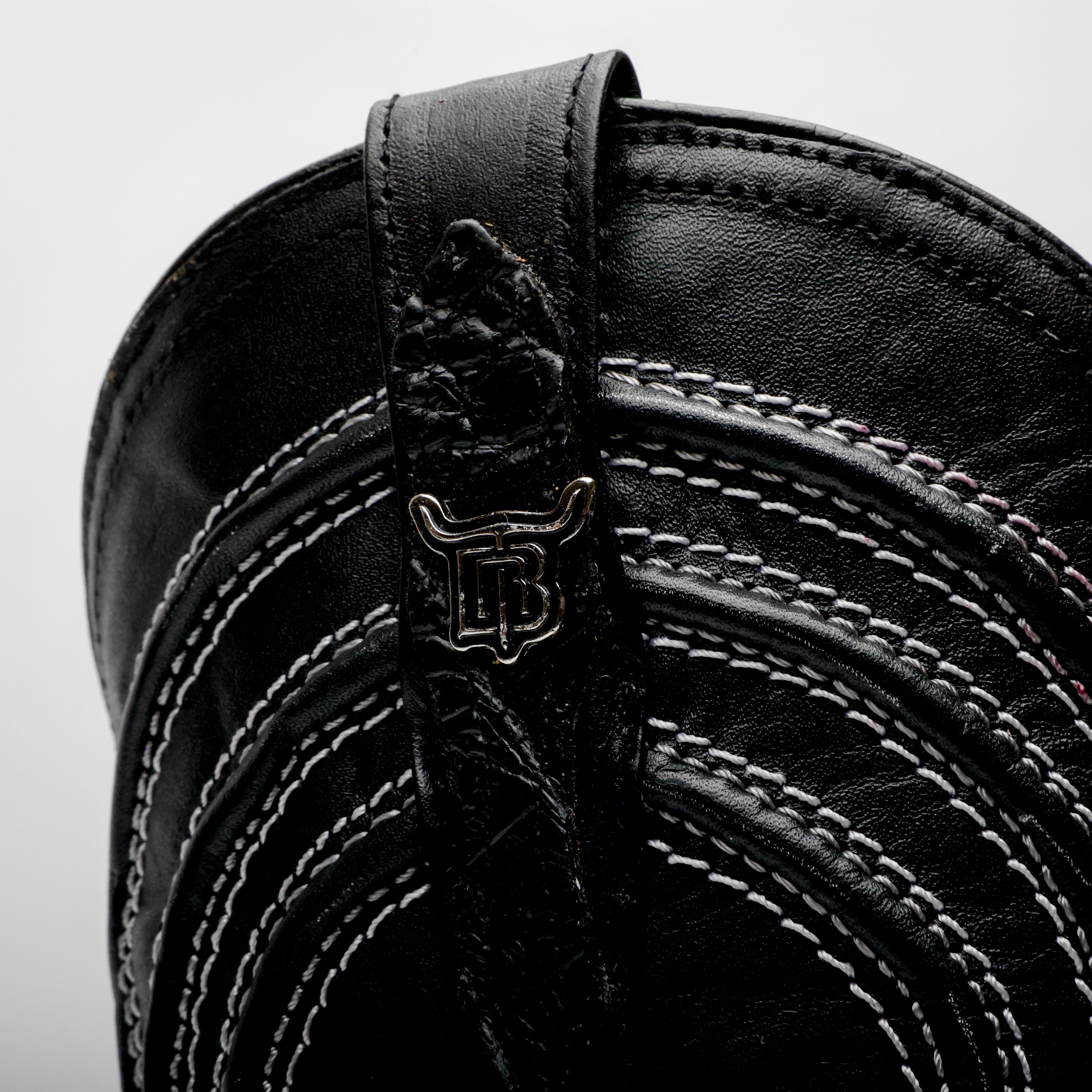 Black Caiman Neck Leather Boots - Square Toe