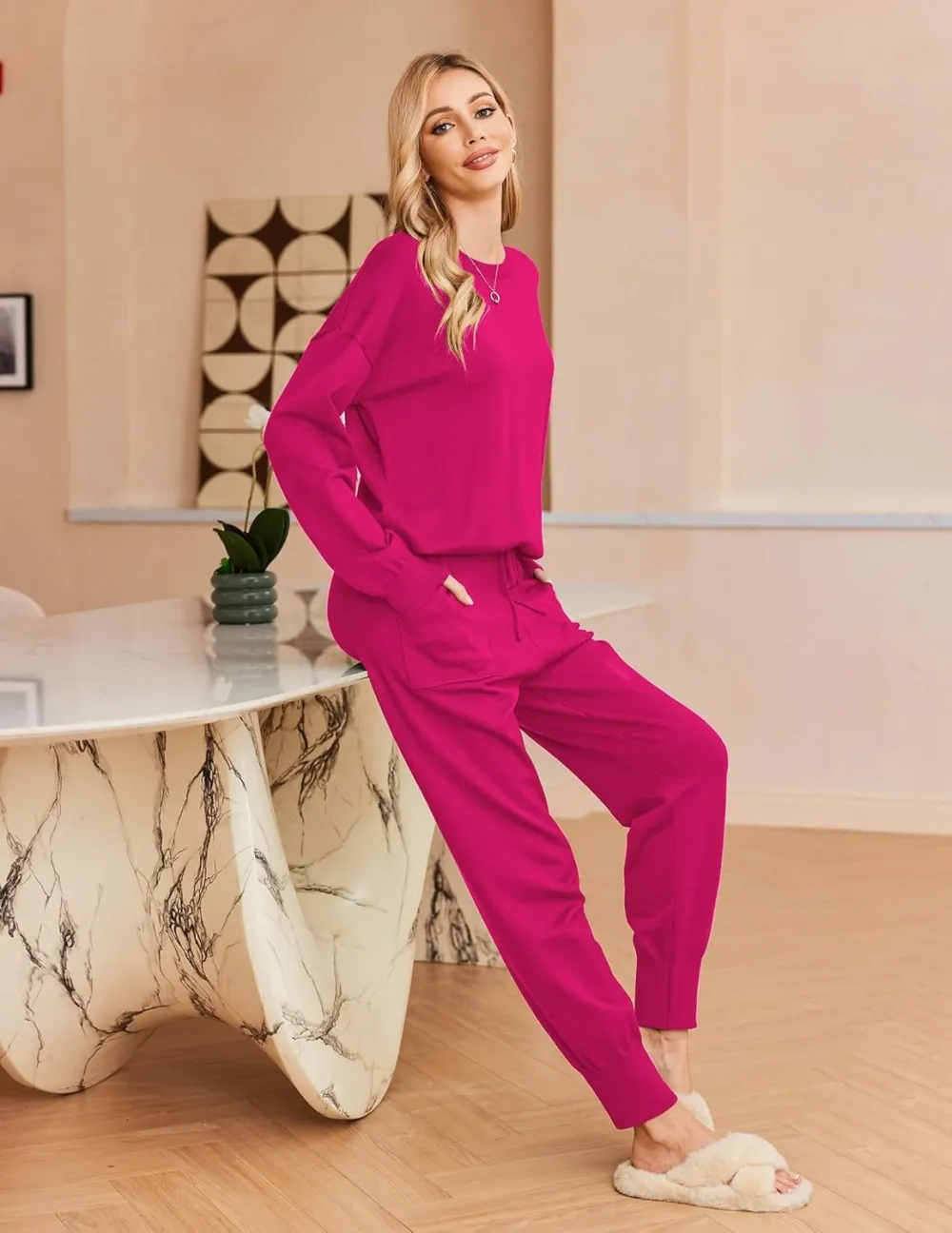Women's Long Sleeve Knit Loungewear Set Jogger Pants Outfit