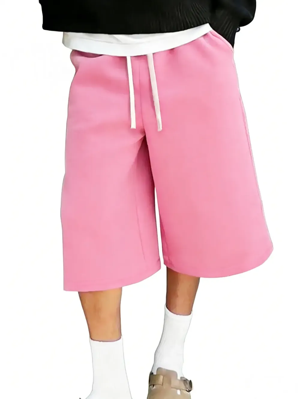 Men’s casual wide-leg shorts with an elastic drawstring waistband, solid color for all seasons, sporty fit