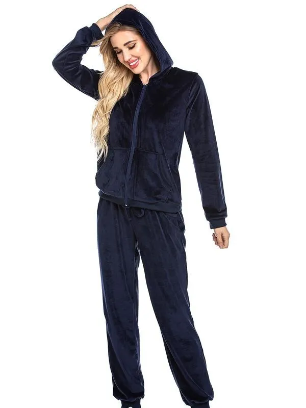 Women's Casual Velour Tracksuit Set Full Zipper Hoodie