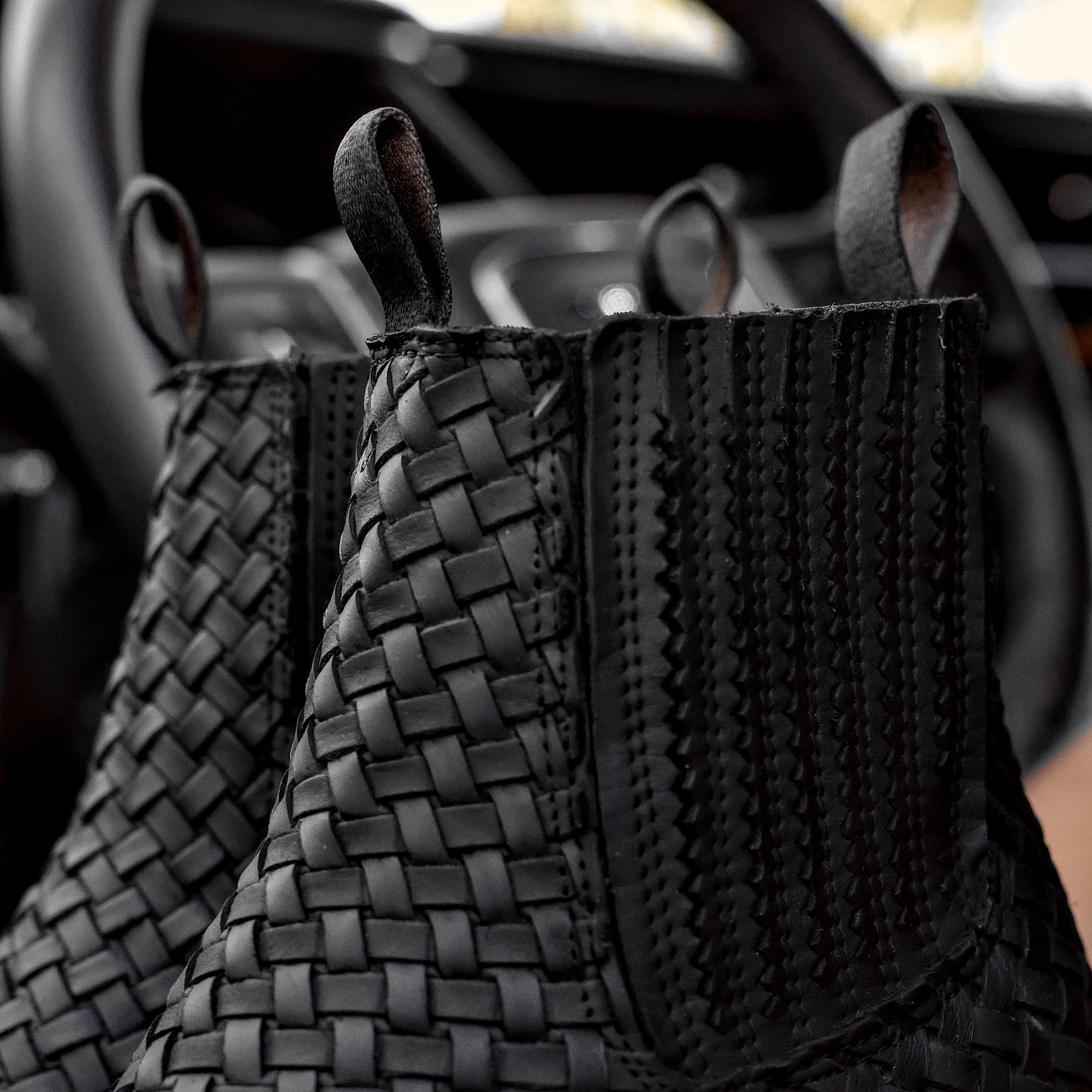 Matte Black Basketweave Leather Botines - Square Toe