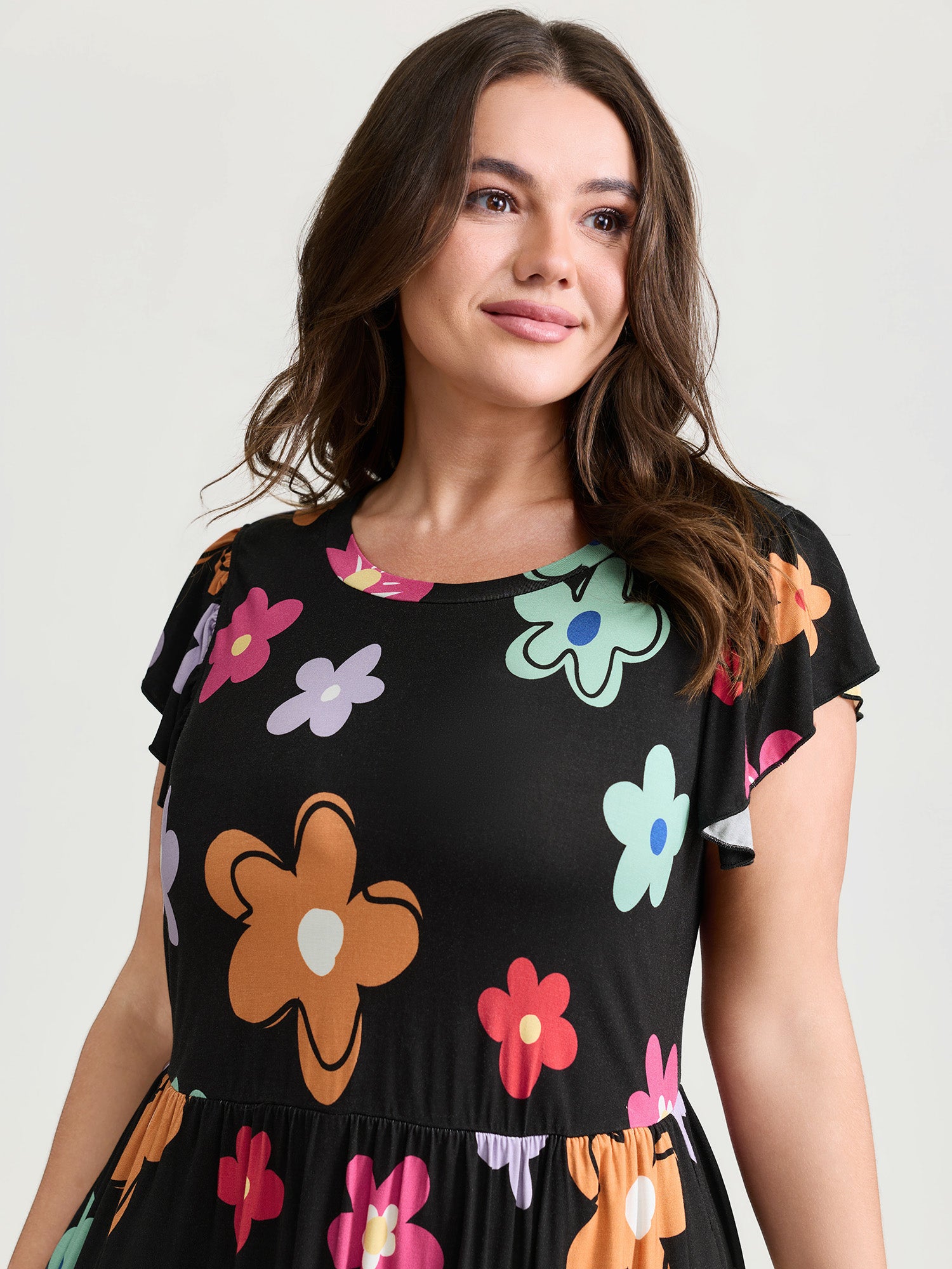 Bright Floral Print Flutter Sleeve Midi Dress