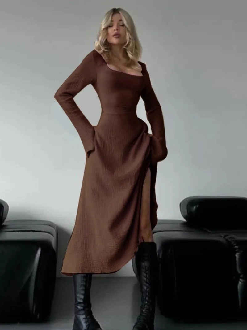 Women's Plain Lace Up Tie Back Flounce Sleeve Dress