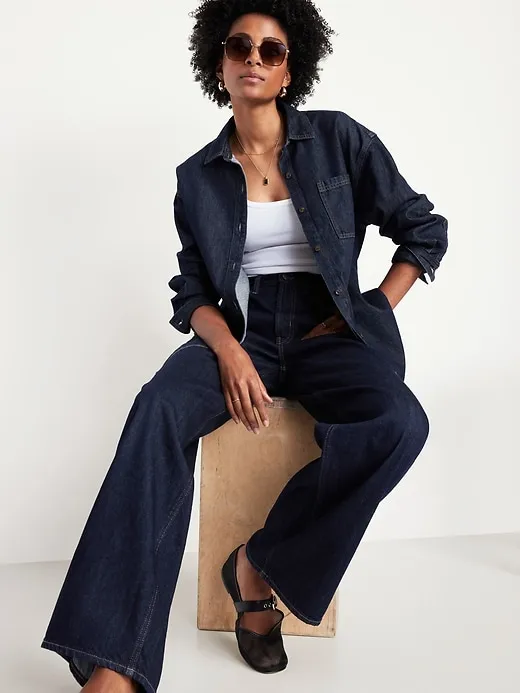 Boyfriend-style button-down denim shirt