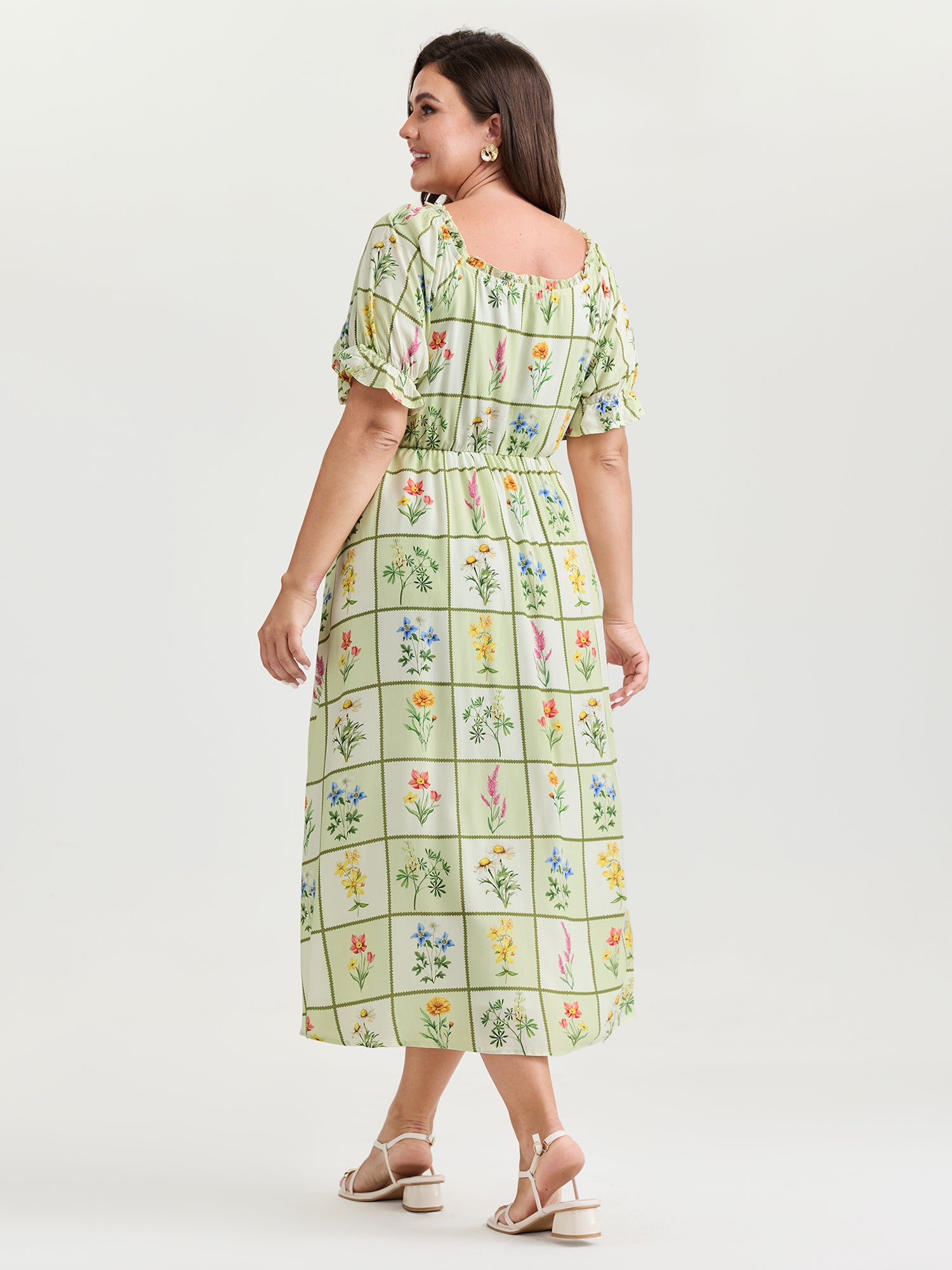 Floral Collage Print Ruffled Neckline Midi Dress