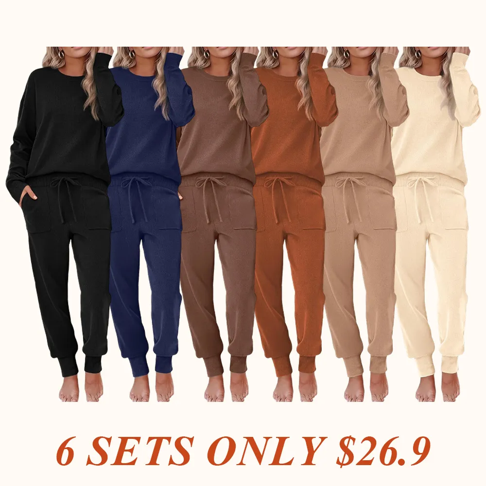 Women's Long Sleeve Knit Loungewear Set Jogger Pants Outfit