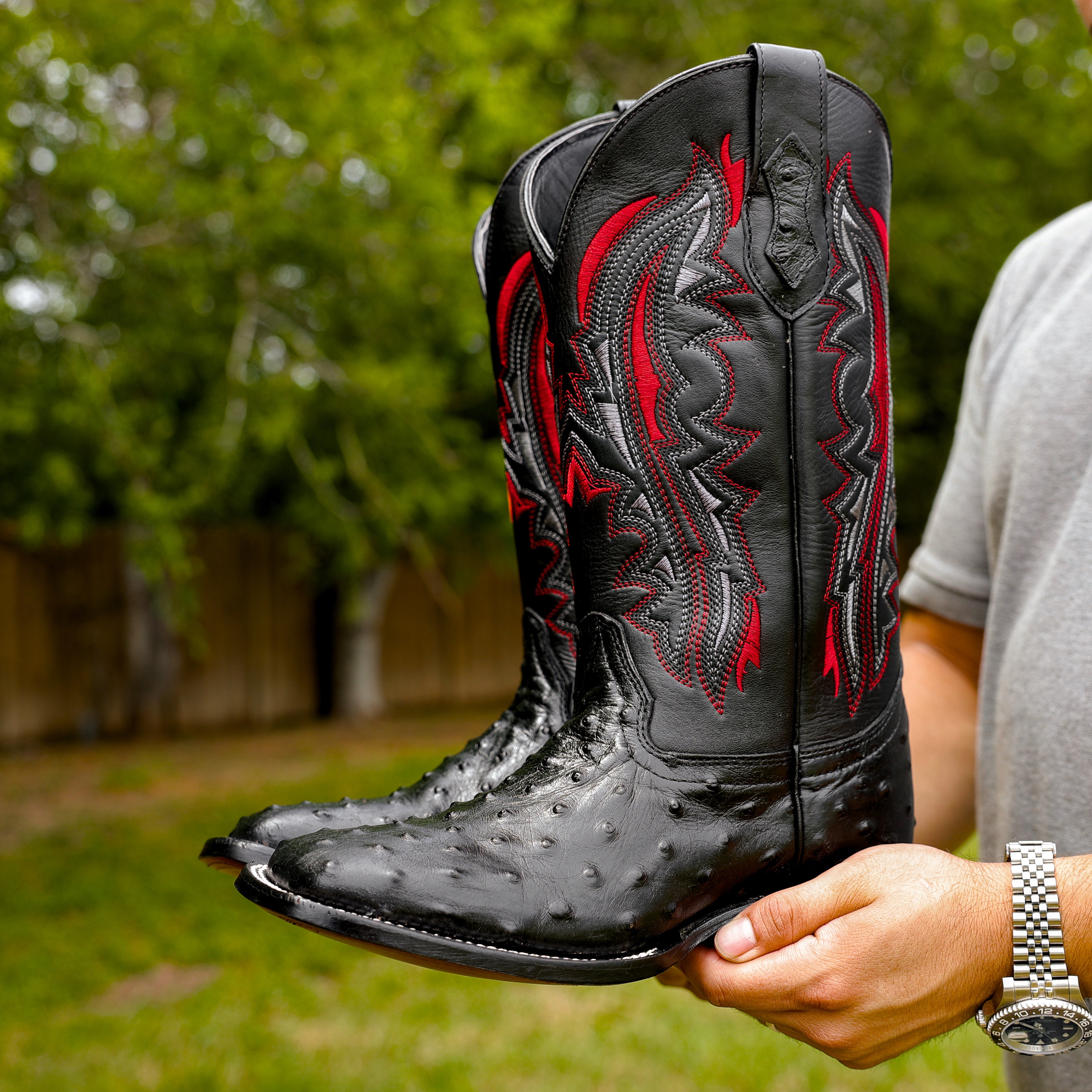 Black Ostrich Leather Boots - Square Toe