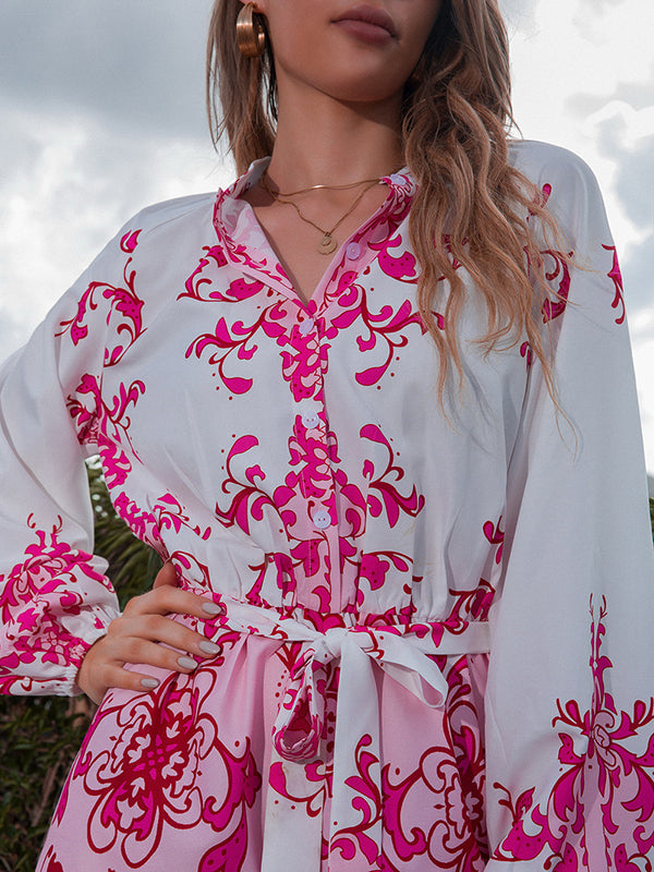 Vacation Puff Sleeves Loose Printed V-Neck Jumpsuit