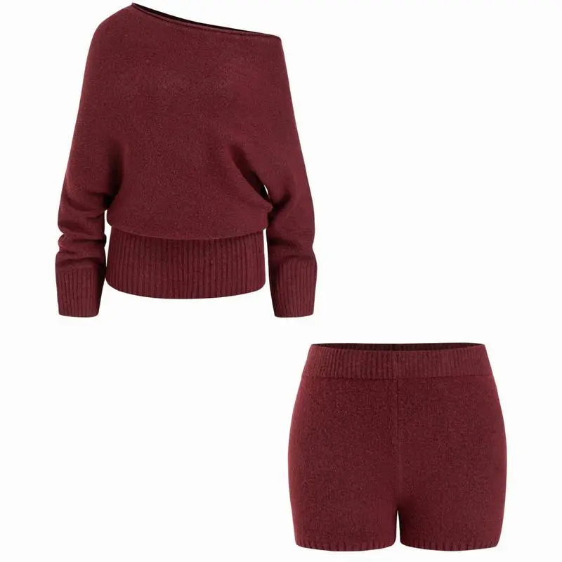 Asymmetrical Neck Long Sleeve Top & Low Rise Shorts Set