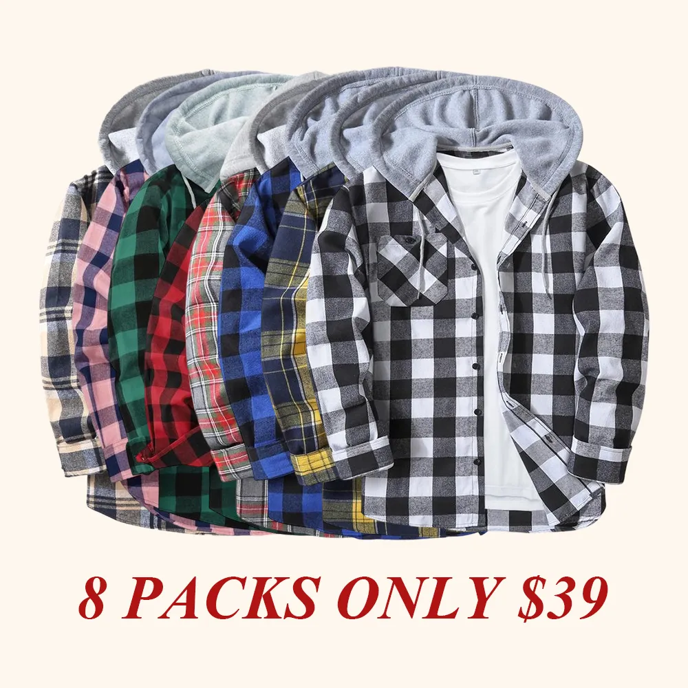 Men's Plaid Print Button Front Drawstring Hooded Shirt, Regular Fit Casual Pocket Long Sleeve Outerwear