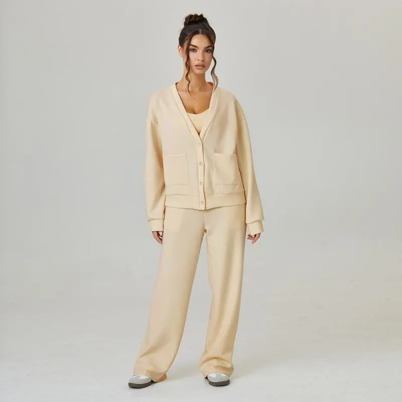 Women's Slouchy Solid Color V Neck Long Sleeve  & Drawstring Waist Trousers Co-ord