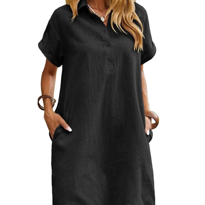 Womens Cotton Shirt Dress Summer Casual Short Sleeve Button Down Beach Cover Up Shirts with Pockets
