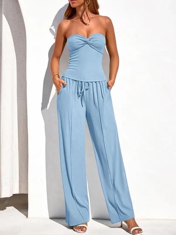 Two-Piece Sets For Women Summer Ribbed Strapless Twist Knot Tube Top Pants Set