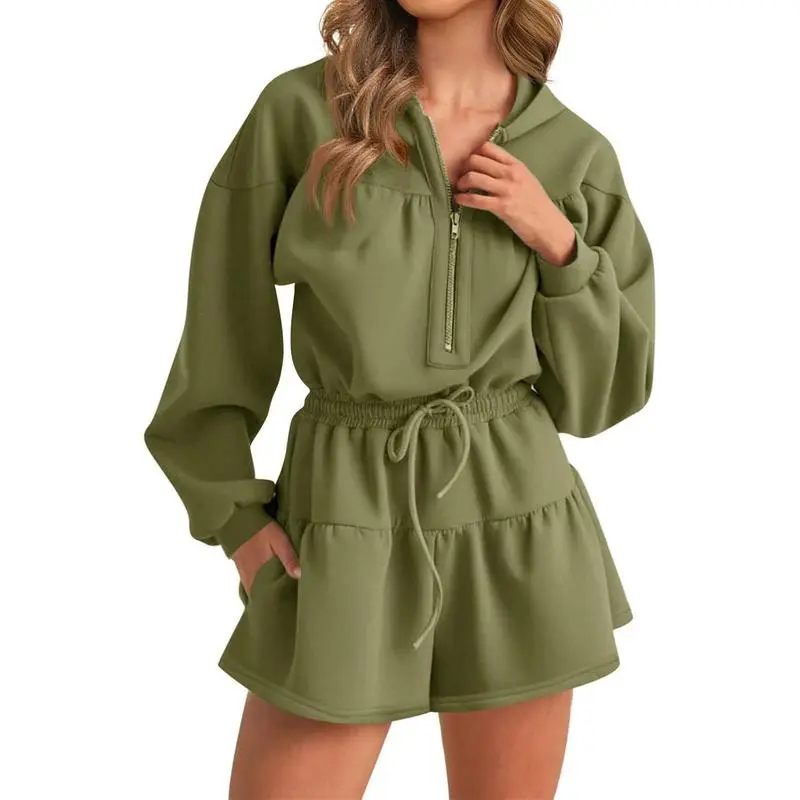 Women's Half-Zip Hooded Long-Sleeve Casual Romper