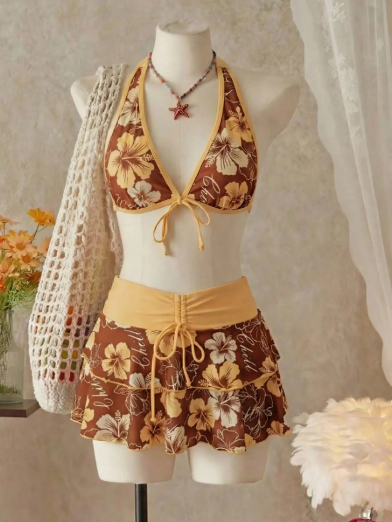 Women's Summer Beach Festival Print Halter Bikini Set