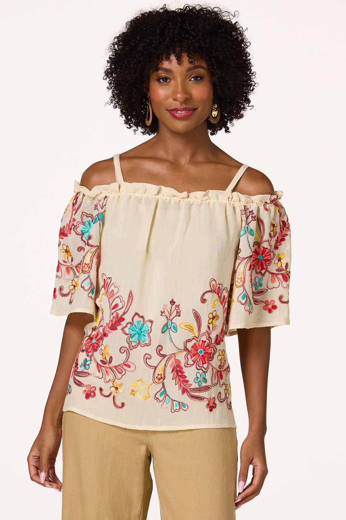 Embroidered Cold Shoulder Top