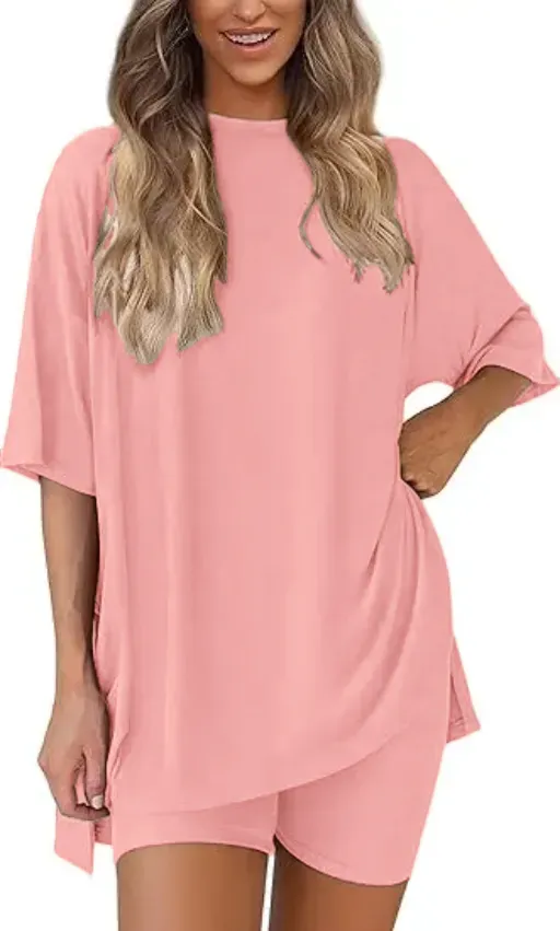 🔥Women's Two Piece Lounge Set 2026 Summer Casual Oversized Shirts Biker Shorts Matching Airport Travel Outfit