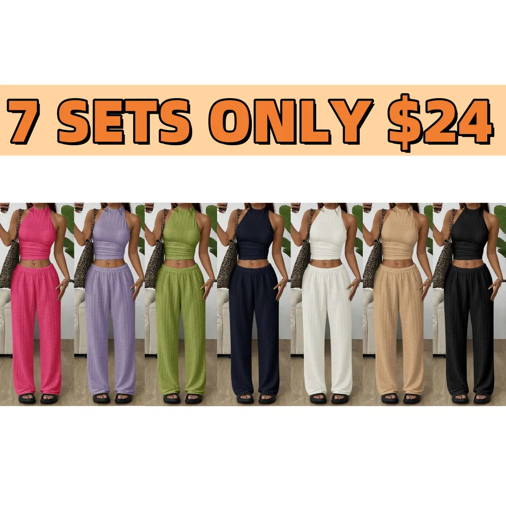 Women's Solid Crop Halter Neck Top & Wide Leg Pants Set