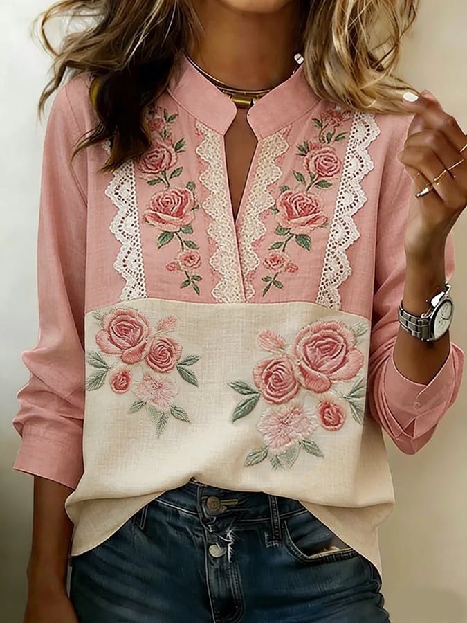 Women's Artistic Floral Print Cotton Linen T-Shirt- Fast Shipping