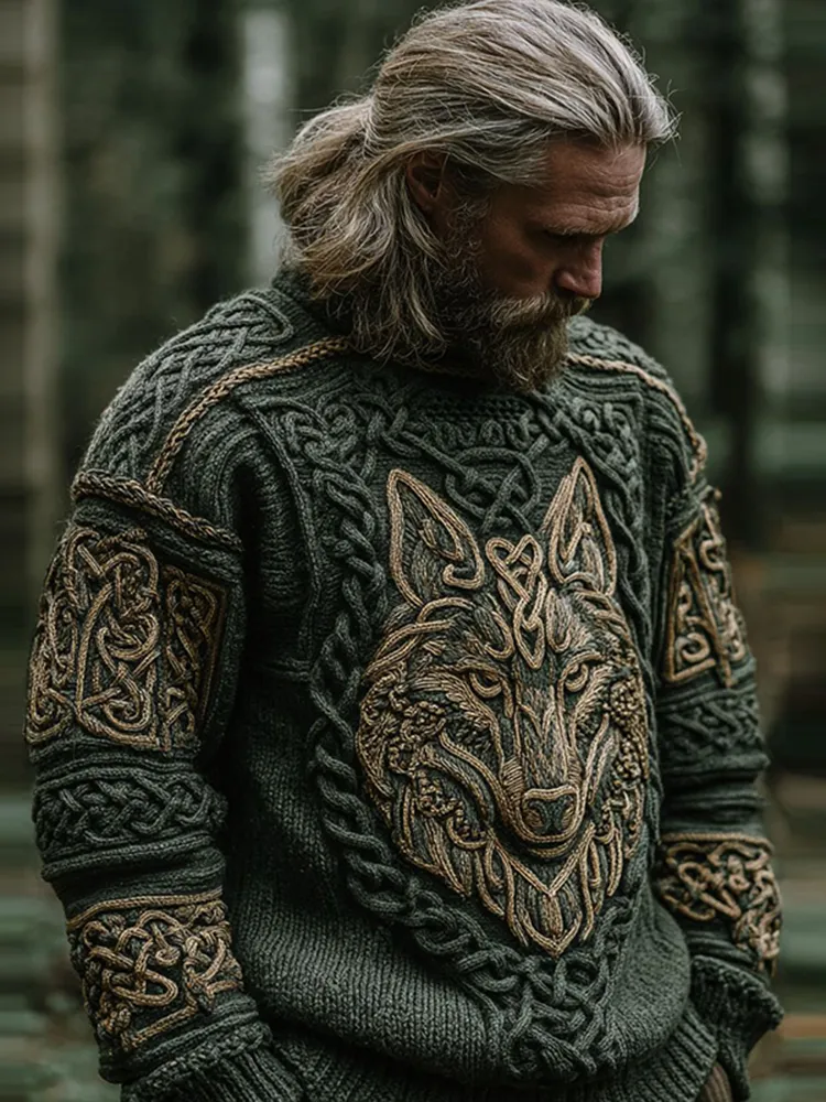 Men's Vintage Viking Wolf Pattern Cozy Knit Pullover Sweater
