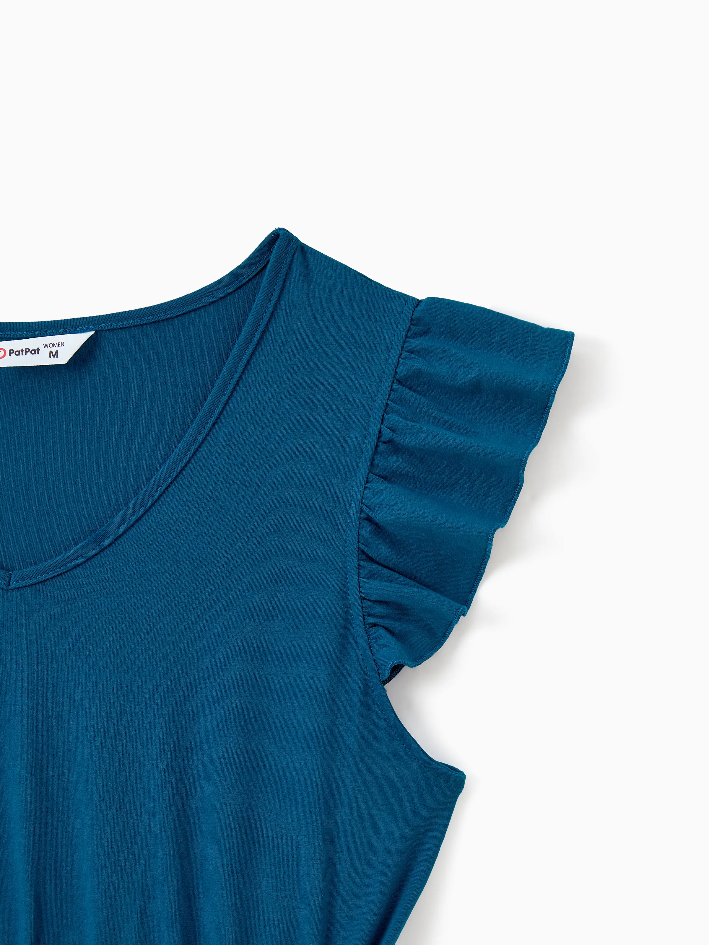 Family Matching Solid V Neck Flutter-sleeve Splicing Floral Print Dresses and Short-sleeve Colorblock T-shirts Sets Azure-