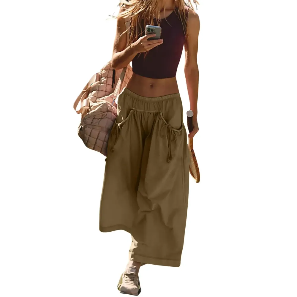 Women's Loose Wide Leg Track Pants Boho Sport Style Drawstring Pockets Elastic Waist Capri Hiking