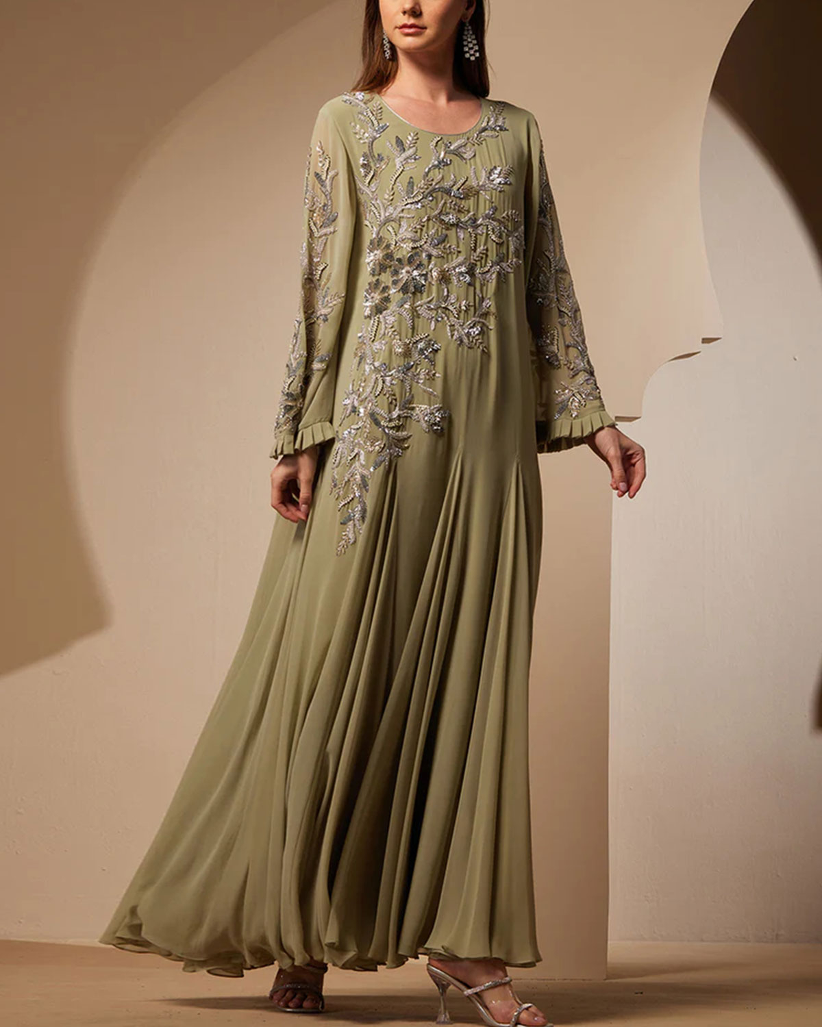 Luxe Sequins And Beads Embroidered Flare Kaftan
