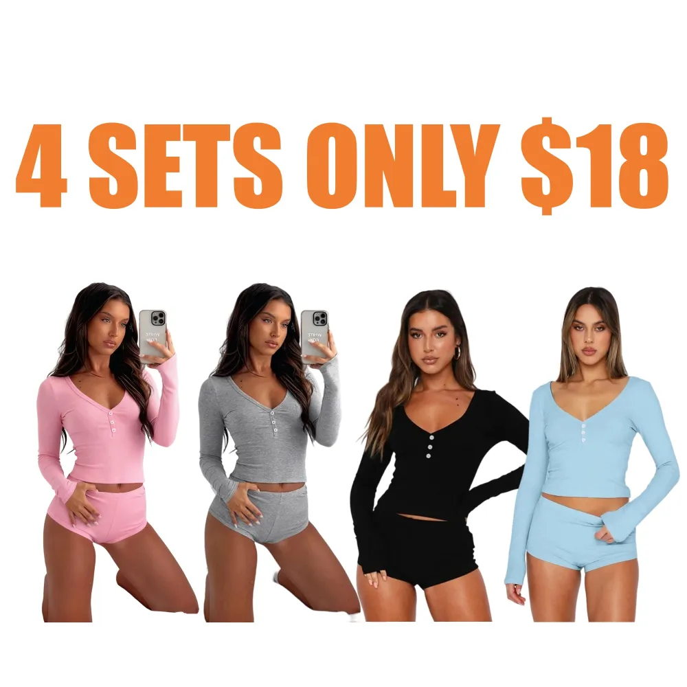 Women's Solid Long Sleeve Crop Top & High Waist Shorts Set