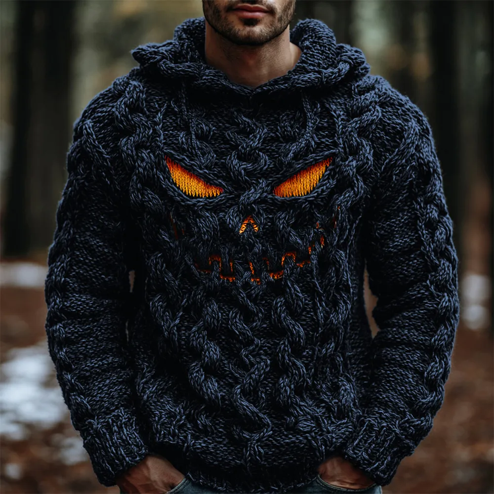Halloween Evil Pumpkin Emoji Men's Chunky Knit Hooded Sweater