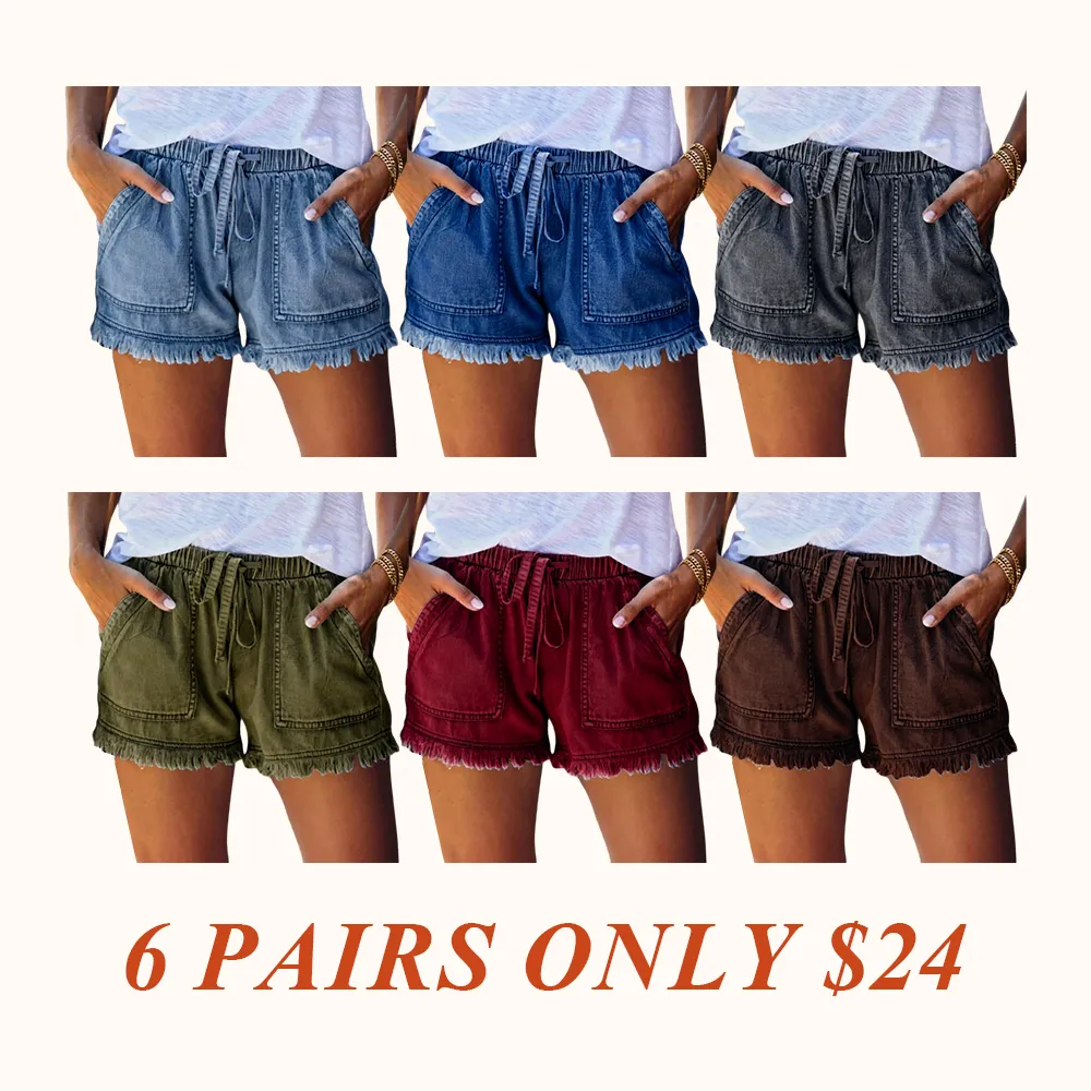 Women's Plain Drawstring Waist Denim Shorts, Casual Fashion Pocket Shorts for Daily Wear