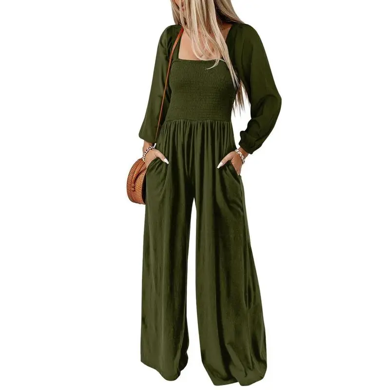 Women's Casual Loose Overalls Jumpsuits One Piece Long Sleeve Wide Leg Long Pant Rompers With Pockets